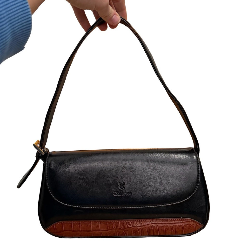 90s Bellerose black leather handbag with a brown‎ crocodile leather bottom